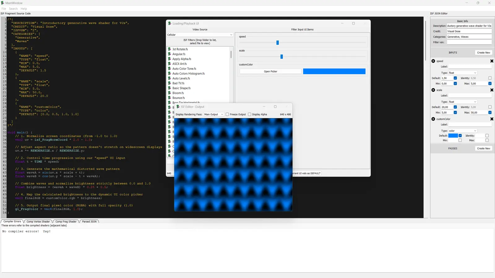 ISF Editor open with a freshly downloaded generative shader loaded, showing the unedited JSON and GLSL code side by side before any modifications