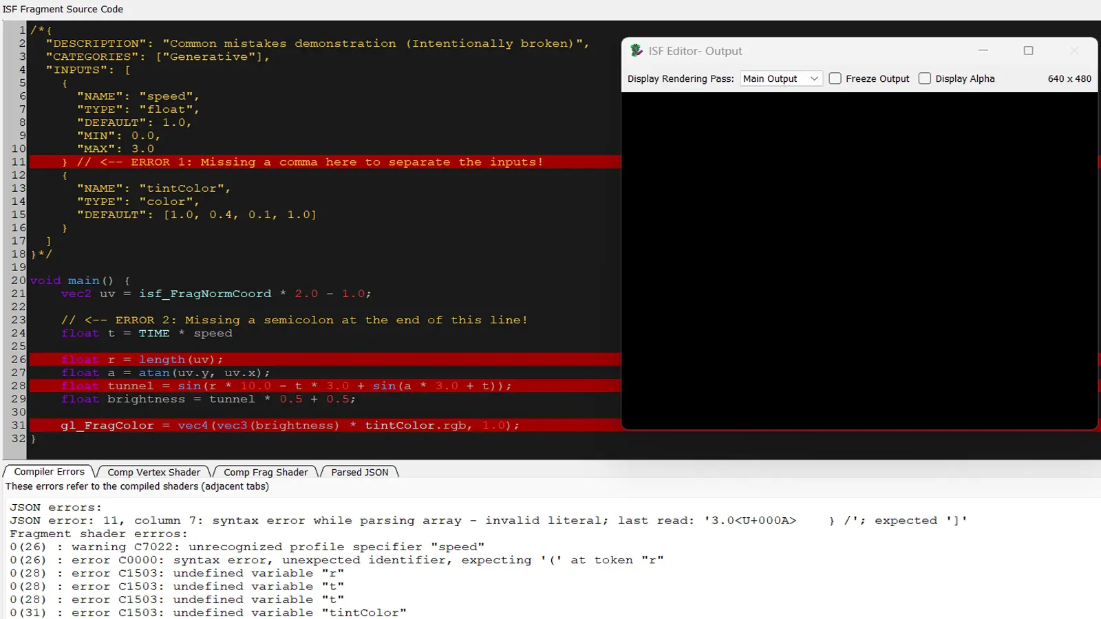 ISF Editor showing a red error bar at the bottom of the screen with a specific line number highlighted, pointing to a missing semicolon in the GLSL code