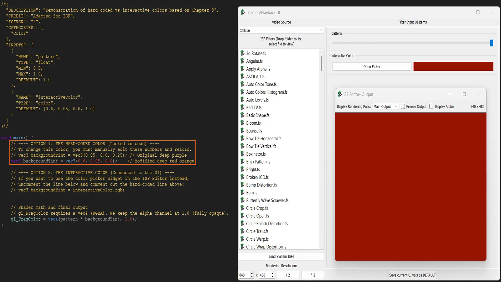 GLSL code highlighting a hard-coded vec3 color value inside the shader body, with the RGB numbers circled and an arrow pointing to the replacement values