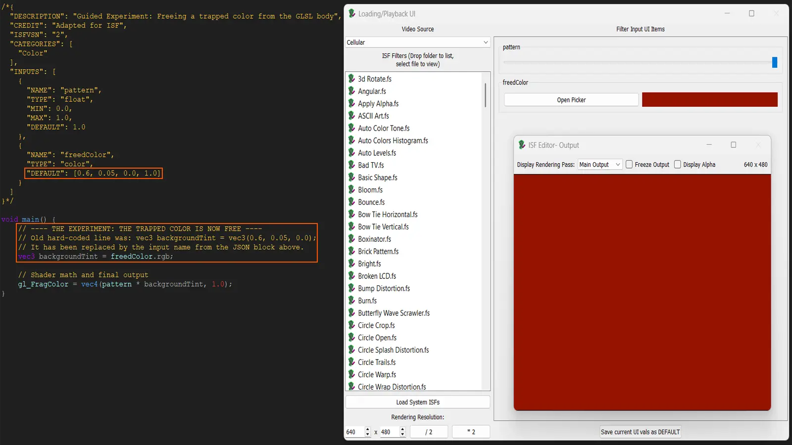 Two-step diagram showing a hard-coded GLSL color being promoted into a JSON color input, turning a fixed value into a live draggable control