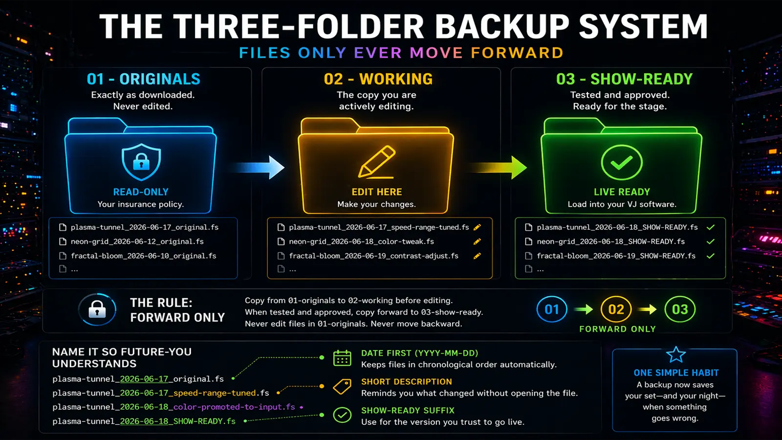 File manager window showing three folders named 01-originals, 02-working, and 03-show-ready, each containing dated and labeled .fs shader files