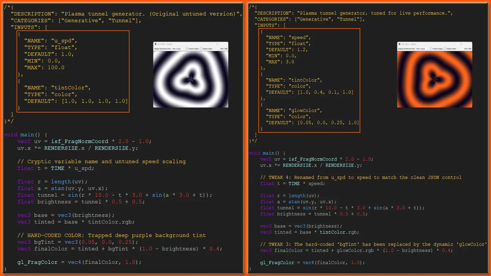 Side-by-side ISF Editor screenshots comparing the original untuned shader controls on the left with the tuned, performance-ready controls on the right