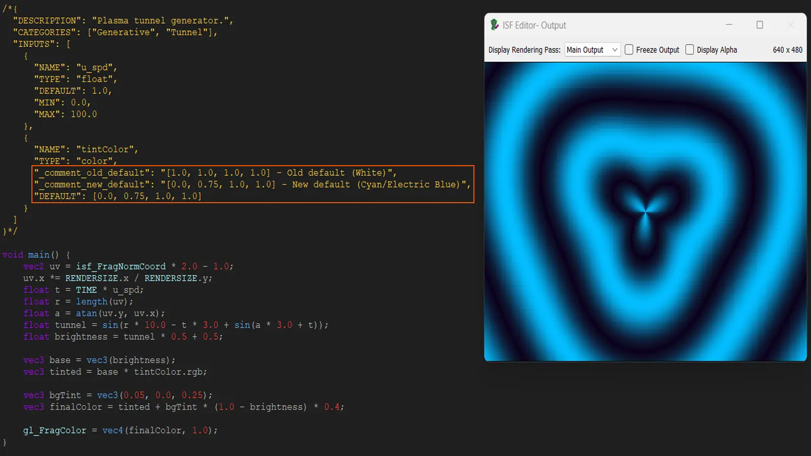 Code editor showing an ISF JSON color input DEFAULT array being changed from a cold blue RGBA value to a warm orange RGBA value
