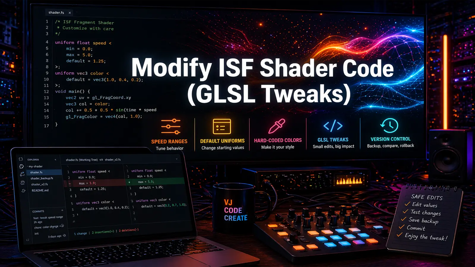 Safe GLSL tweaks for ISF shaders explained for VJs: speed ranges, default uniforms, hard-coded colors, and version control